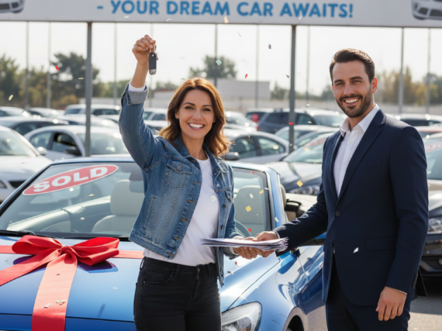Woman happily buying a used car with bad credit in Gainesville, FL
